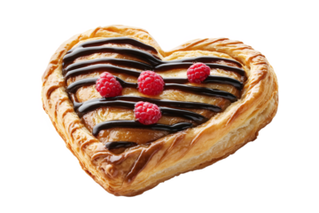Delicious heart shaped pastry with chocolate and raspberries perfect for Valentine s Day golden brown on transparent background
