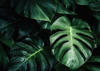 Green leaves with water drops. Natural background. Close-up