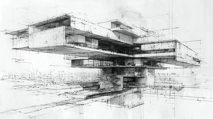 Futuristic architectural sketch showcasing a complex, multi-level structure.