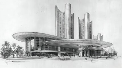 Contemporary architecture with futuristic design in black and white.