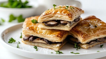 Delicious puff pastry squares with savory mushrooms and herbs eat food salt meal dish tasty brown
