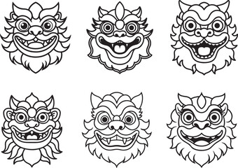 set of traditional lion dance mask line art, black outline, vector and illustration, coloring book page line art drawing