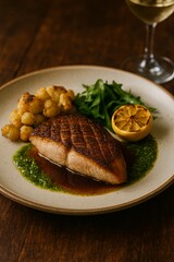 Pan-seared white fish with cauliflower, charred lemon and herb sauce