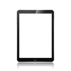 A front view of a black tablet with a blank white screen isolated on a white background with reflection
