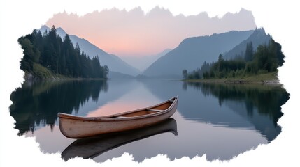 Obraz premium Serene Canoe on Calm Lake at Dawn Surrounded by Majestic Mountains