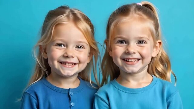 Best friend little blonde girls smiling on a blue background