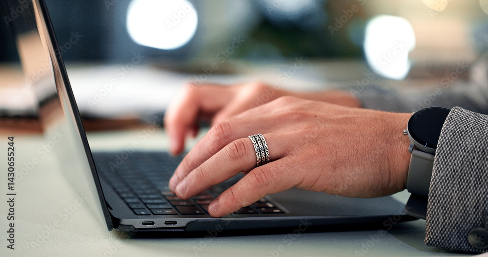 Aufkleber laptop, hands and businessman in office at night for creative project with deadline. keyboard, compu