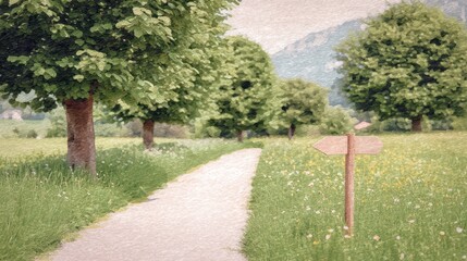 Serene Pathway Surrounded by Lush Trees and Vibrant Meadows