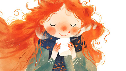 A cheerful illustration featuring a girl with vibrant red hair, enjoying a warm drink