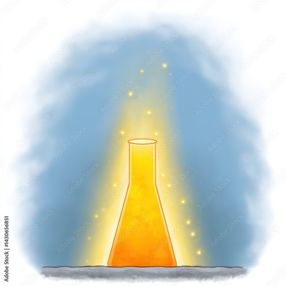 Poster colorful flask with bright glow and sparkles on abstract background