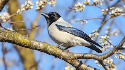 Obraz premium hooded crow perched elegantly on a lichen covered branch amid blossoming blooms against a vivid azure sky on a bright spring morning