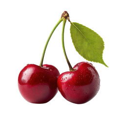 Two ripe red cherries with stems and a leaf against a plain white background. two cherries isolated on white