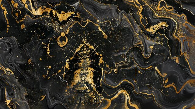 An abstract design features swirling black and gold patterns, showcasing a stunning visual texture that captivates attention
