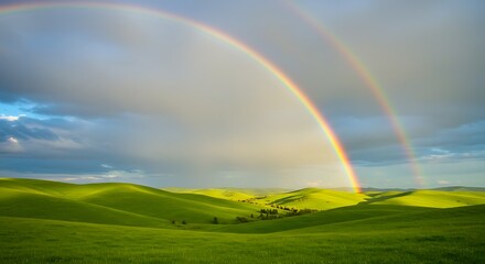 Naklejka premium Double Rainbow Shimmers over Rolling Green Wheat Fields of Palouse, Washington - Radiant, Serene Rural Landscape Painting with Pastel Sky, Vibrant Colors, Golden Hour Light