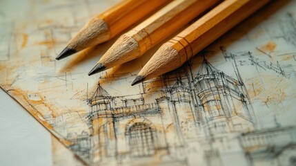 Close-up of wooden pencils arranged over architectural sketches.
