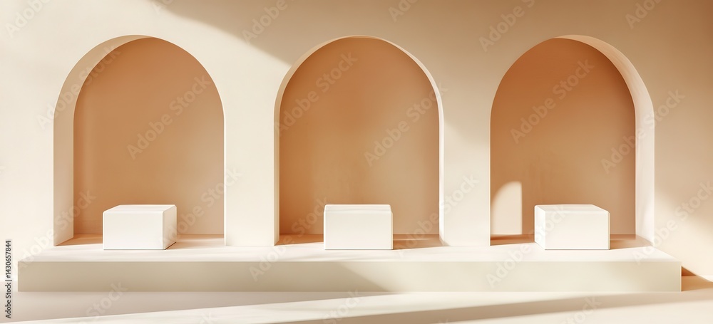 Poster minimalist abstract shapes, soft peach pantone color background, product display podium with arches 