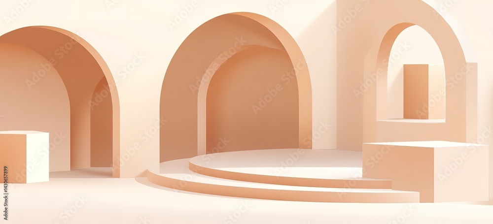 Poster minimalist abstract shapes, soft peach pantone color background, product display podium with arches 
