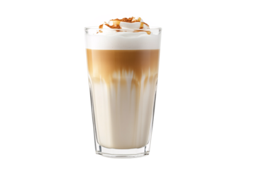 Indulge in a creamy iced latte topped with whipped cream caramel drizzle and cinnamon in a clear glass on transparent background