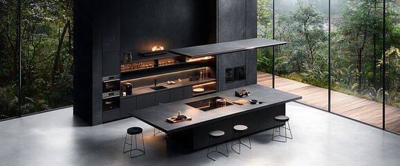 Modern black kitchen with island, glass walls, and outdoor view, minimalist design