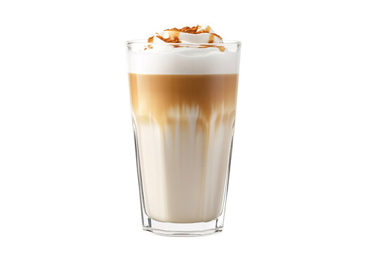 Indulge in a creamy iced latte topped with whipped cream caramel drizzle and cinnamon in a clear glass on transparent background