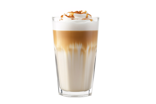 Indulge in a creamy iced latte topped with whipped cream caramel drizzle and cinnamon in a clear glass on transparent background