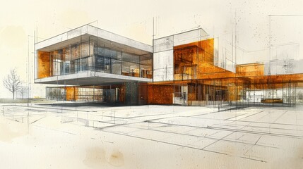 Modern architectural design sketch of a stylish building with vibrant colors.