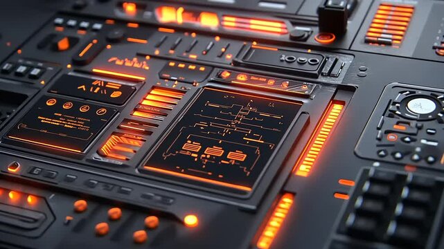 3 d rendering of a futuristic sci - fi robot with orange neon lights on it