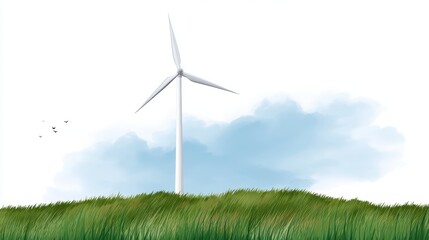 Wind Turbine on Green Hill Under Clear Blue Sky and Clouds