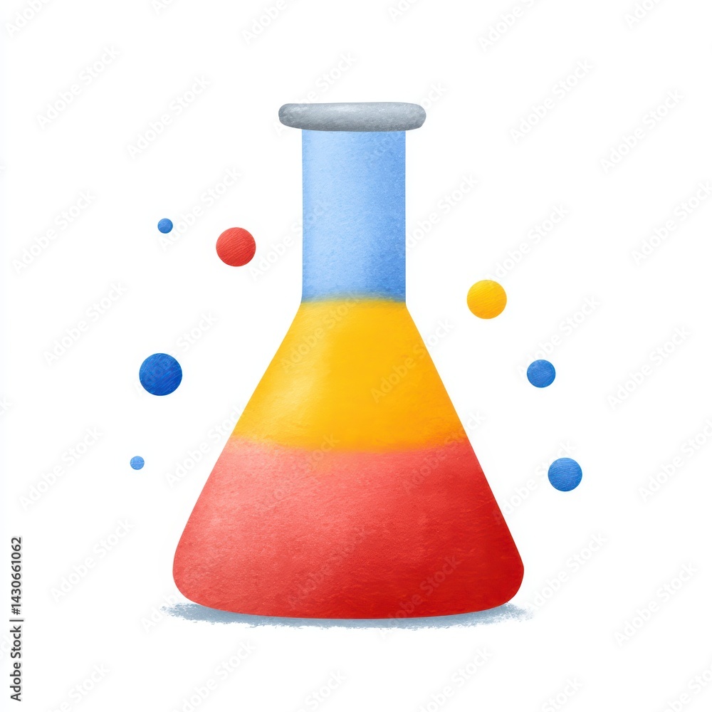 Poster colorful laboratory flask with bubbling mixture and elements of science