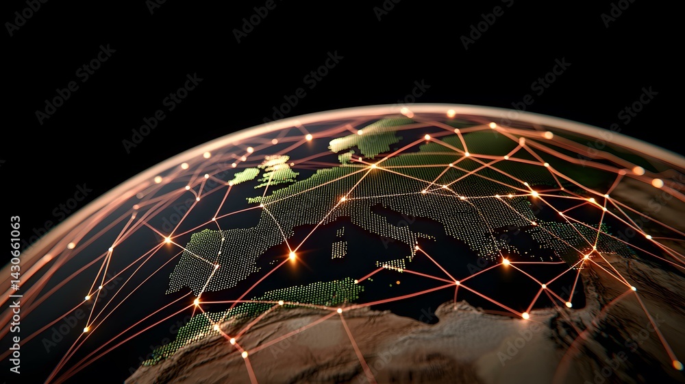 Poster a stylized rendering of europe's interconnected network, depicted as a globe with glowing nodes and 