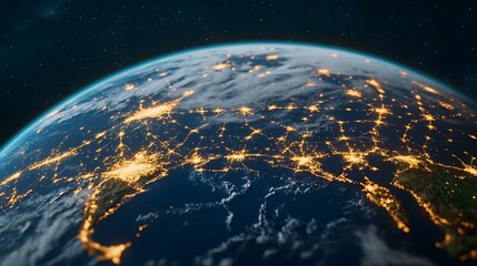 Obraz premium The image shows a nighttime view of Earth from space, highlighting the bright lights of cities and towns across a large landmass, contrasted against the dark expanse of the ocean and the starry black