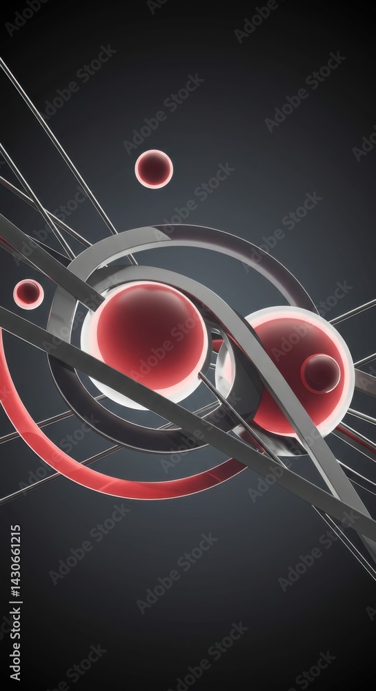 Poster abstract 3d red and grey spheres intertwined with sleek metallic lines creating a dynamic and modern