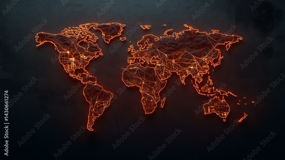 Poster the image contains a glowing orange world map on a dark background. the map is detailed, showing maj