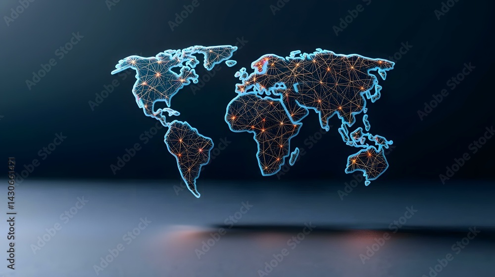Poster a 3d rendering of a world map, depicted as a network of interconnected nodes, glowing with orange an