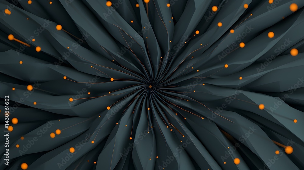 Poster the image shows an abstract design featuring dark gray, folded, petal-like shapes radiating from a c