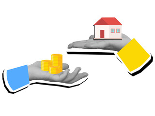 One hand holding a stacks of gold coins and other hand holding a small red house - home purchase. Modern photo collage style. Illustration on transparent background