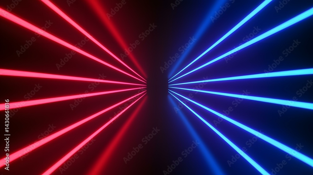 Poster the image contains several bright red and blue neon lines radiating outward from a central vanishing