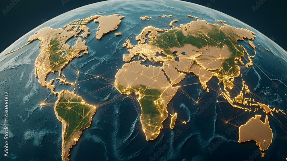 Aufkleber a 3d rendering of the earth, with continents highlighted in gold and interconnected by a network of 