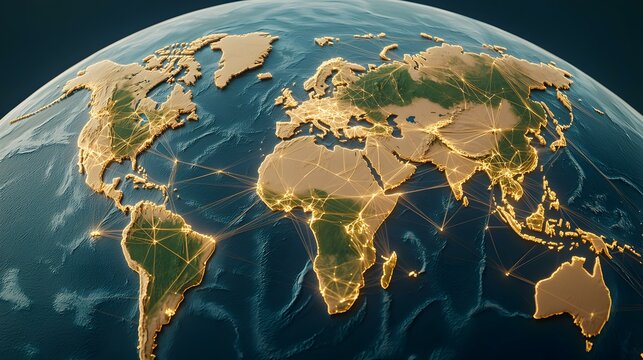 A 3D rendering of the Earth, with continents highlighted in gold and interconnected by a network of glowing lines, representing global connectivity.