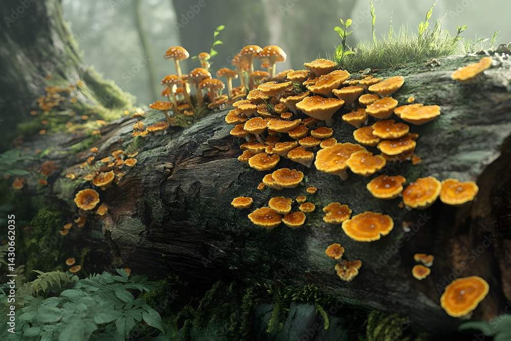 Poster clustered orange mushrooms growing on a decaying log in a misty forest.