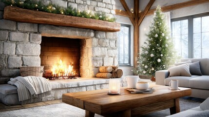Fototapeta premium Cozy living room with a stone fireplace, Christmas tree, and warm festive decor.