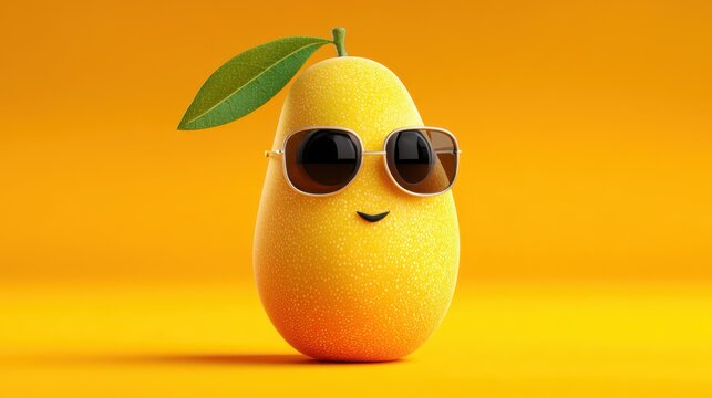 A vibrant mango character with a smiling face enjoys sunbathing while wearing trendy sunglasses. The bright orange background adds a festive summer vibe to the cheerful atmosphere