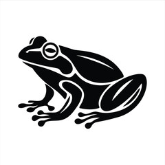Vector Stylized Black Silhouette of a Sitting Frog with Detailed Legs and Eyes on a White Background
