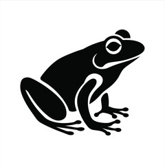 Vector Stylized Black Silhouette of a Sitting Frog with Detailed Legs and Eyes on a White Background