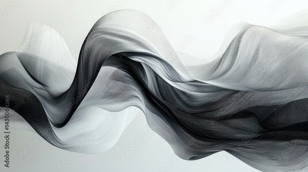 Poster abstract black and white flowing waves creating a sense of movement and elegance.