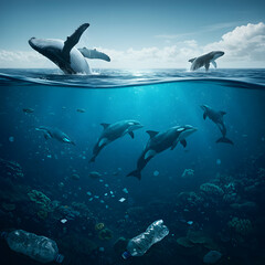 Pixel Art Whales and Dolphins Swimming in the Ocean Underwater Scene