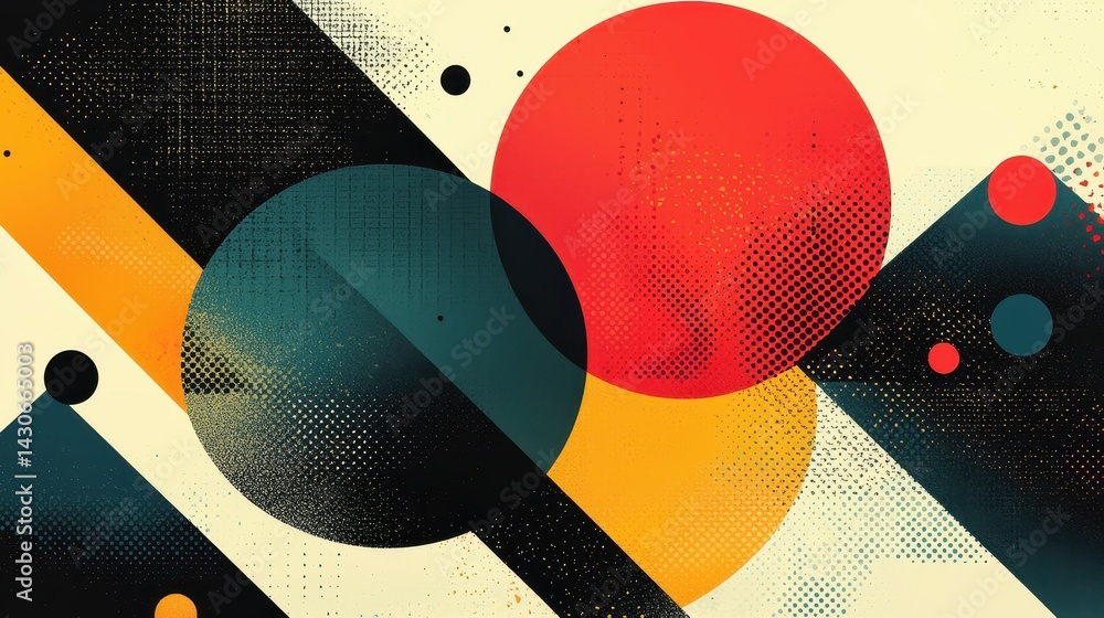 Poster vibrant abstract geometric composition with circles and dynamic shapes.