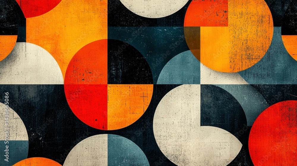 Poster colorful abstract geometric pattern with circles and shapes in warm tones.