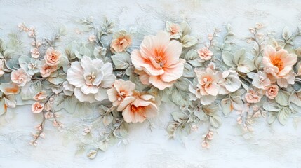 Elegant peach and white 3D floral arrangement on a textured background.