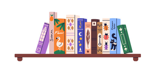 Bookshelf with fairytale, fiction, fantasy and story books. Kids library on shelf. Cover spines row, standing in line. Preschool reading. Flat vector illustration isolated on white background © Good Studio